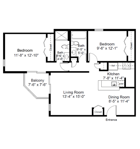 Floor plan for 2 beds, 2 baths, 1000 sqft